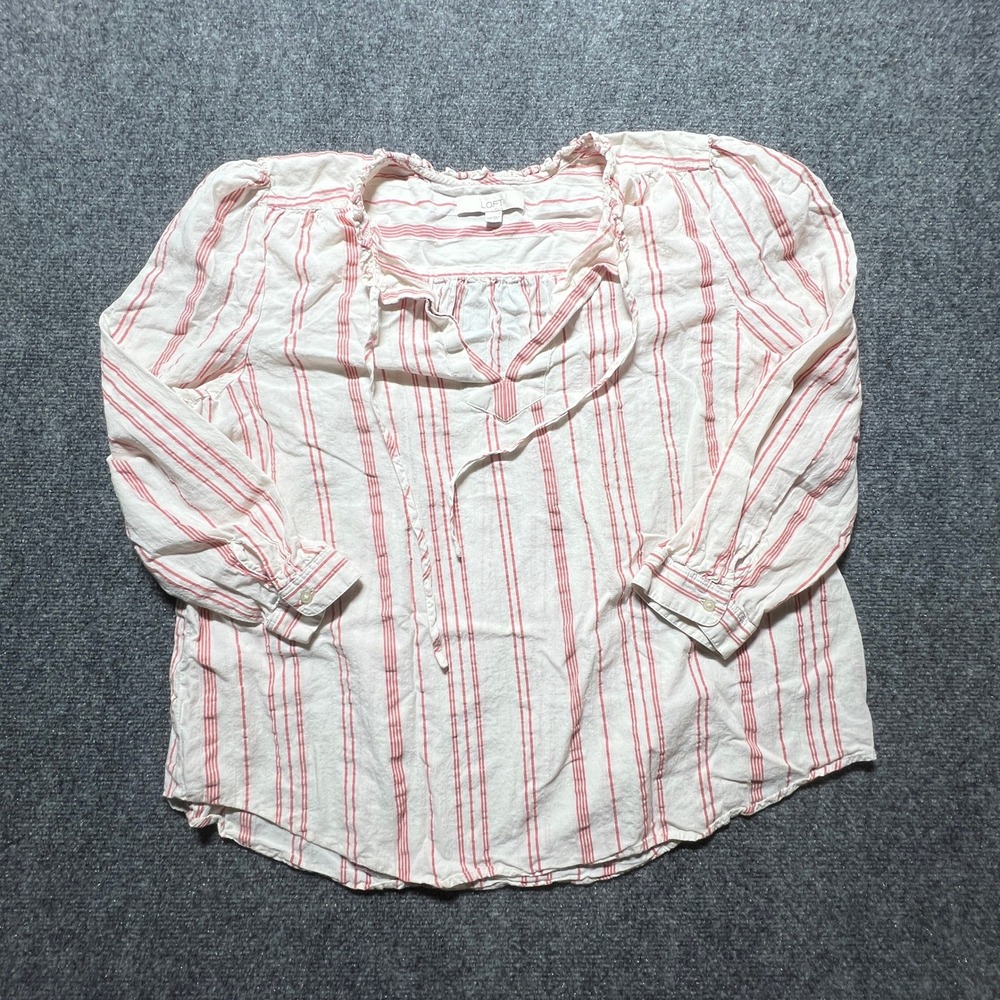 LOFT Womens XXL Red White Striped Cotton Ruffle Neck Tie Front Peasant Blouse
